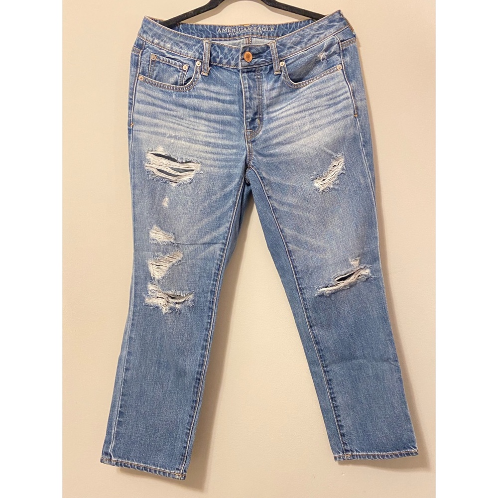 American Eagle Outfitters Women’s Boy Crop Distress Jeans - Color Medium Wash
